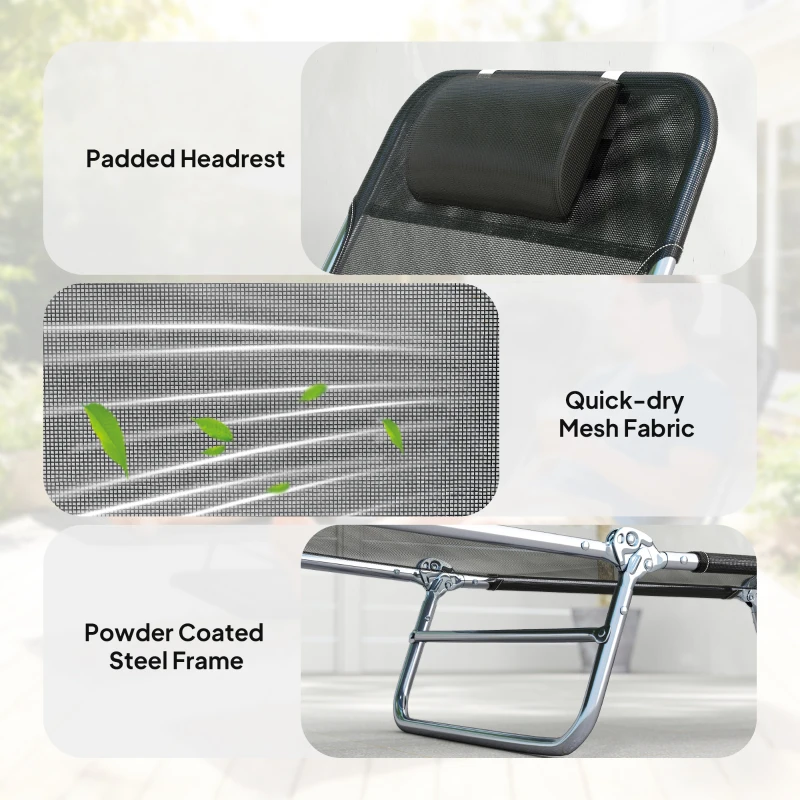 Outsunny 2 Piece Sun Loungers, Folding Chaise Lounge Chairs with Reclining Back, Breathable Mesh Seat, Headrest, Black