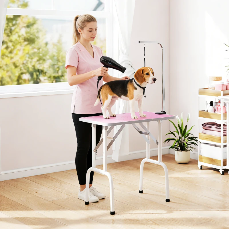 PawHut Foldable Pet Grooming Table for Dogs Cats with Adjustable Arm, Non-slip Surface, Pink