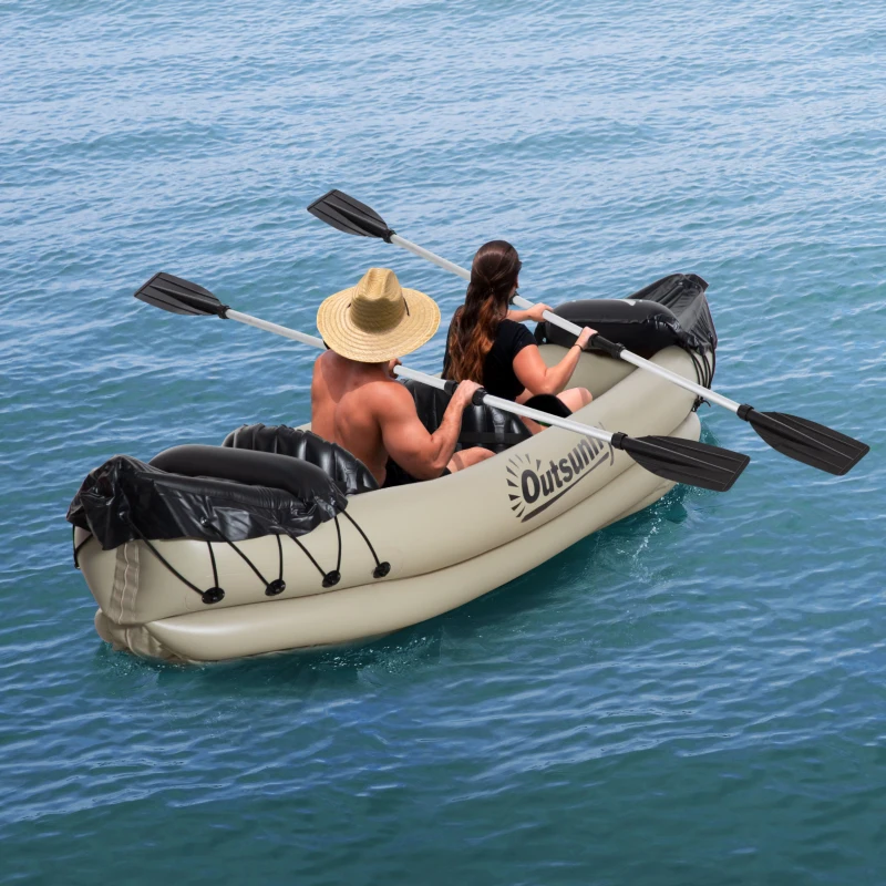 Outsunny K2 Kayak, 2 Person Inflatable Kayak, Includes Paddles, Aluminum Oars, Repair Kit, Portable Tandem Blow Up Boat, Beige