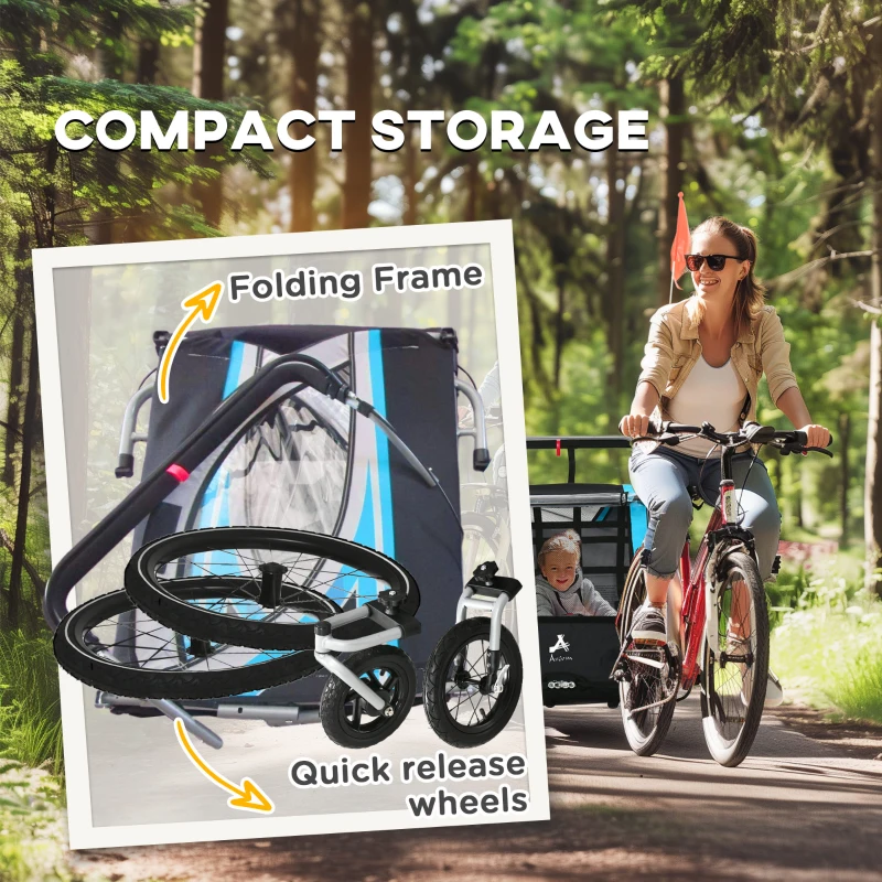 Aosom 3-in-1 Bike Trailer for Kids, Running Stroller with 2 Seats, Jogging Cart with 5-Point Harness, Storage Units, Blue