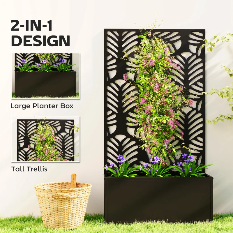 Outsunny Metal Garden Bed with Trellis for Climbing Plants, Freestanding or Wall Mounted Flower Bed for Garden, Patio, Balcony