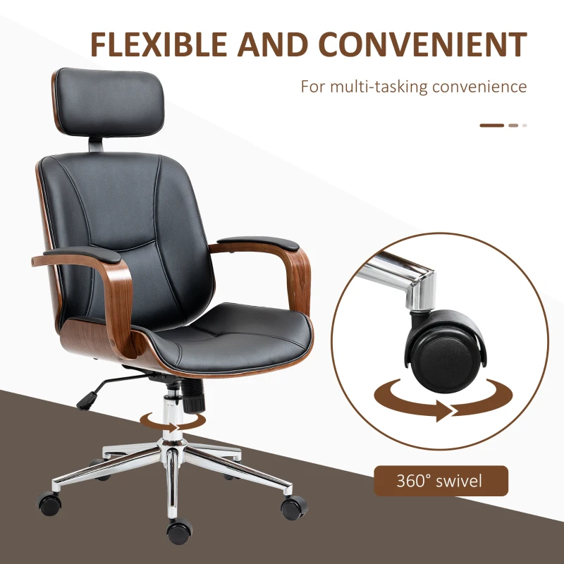 HOMCOM Office Chair, PU Leather Desk Chair with Removable Headrest, Adjustable Height, Tilt Function and with Wheels, Black