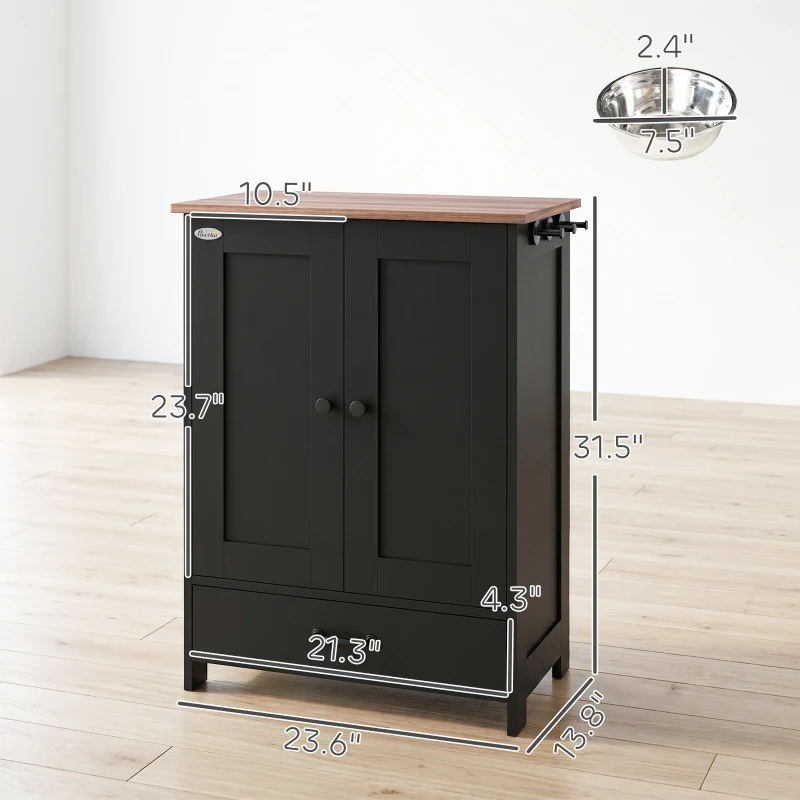 PawHut Pet Feeding Station, Dog Food Storage Cabinet w/ Raised Dog Bowls, Adjustable Panel, Hooks for Medium Dogs, Black