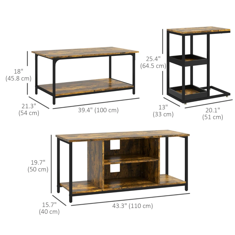 HOMCOM Living Room Furniture Set, Industrial Living Room Tables and TV Stand for 55" TVs, 2-tier Coffee Table and C-shaped Side Table with Storage Shelves, Rustic Brown