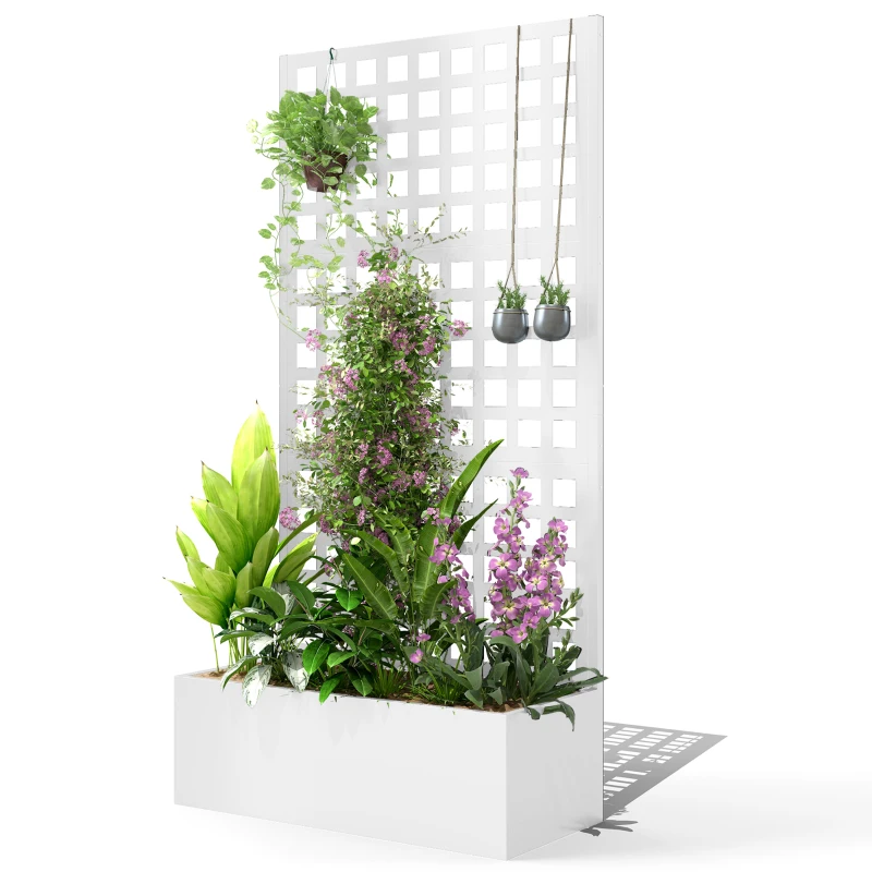 Outsunny Galvanized Raised Garden Bed Planter Box with Trellis for Climbing Plants, Vegetable, Vines, 35" x 16" x 70", White