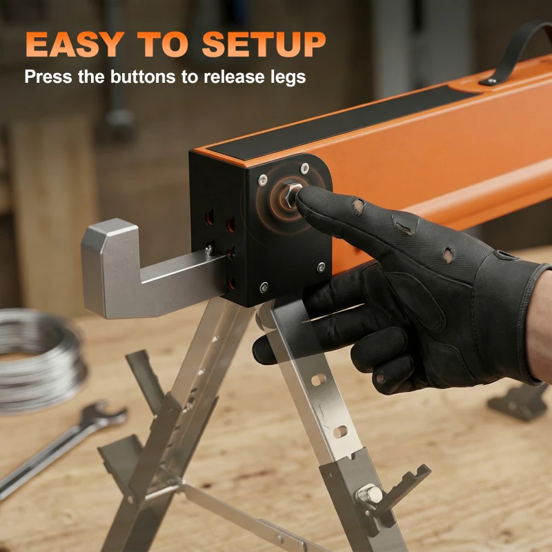 HOMCOM Saw Horses 2 Pack, Folding Heavy Duty Sawhorses with Adjustable Height and 2x6 Bracket, Carry Handle, Orange
