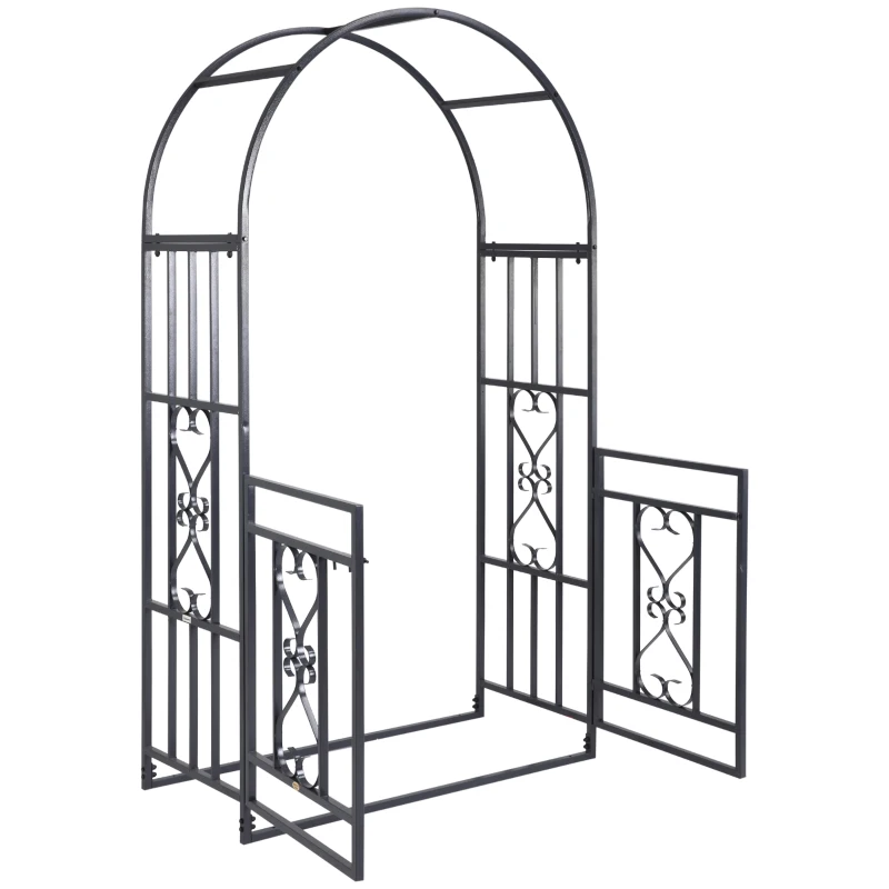 Outsunny 81" Steel Garden Arch with Gate Outdoor Courtyard Arbor for Climbing Vine Plants Lawn Backyard Decoration Dark Grey