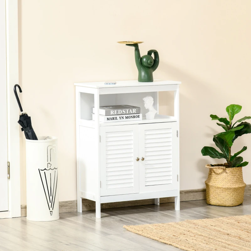 kleankin Bathroom Floor Storage Cabinet, Freestanding Bathroom Cabinet with Shutter Doors, Open Shelf and Adjustable Shelf, White
