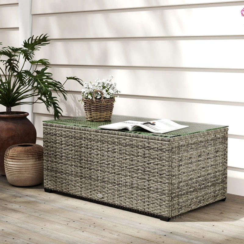 Outsunny Wicker Outdoor Coffee Table, PE Wicker Rectangular Patio Table with Tempered Glass Top for Garden, Balcony, Dark Grey