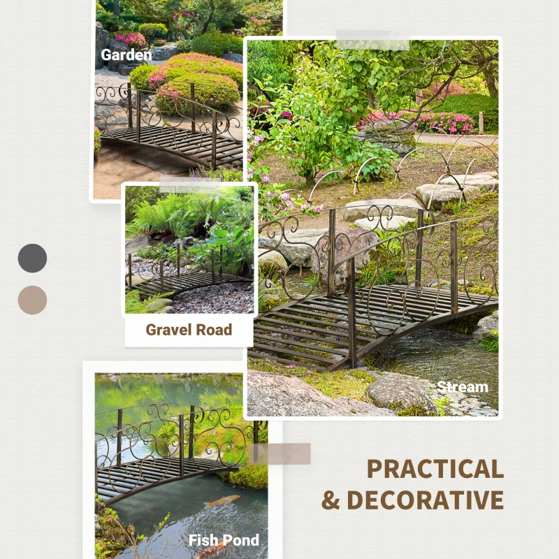Outsunny 6FT Steel Garden Bridge with Safety Siderails, Decorative Arc Landscaping Bridge for Backyard Creek Stream Pond, Brown