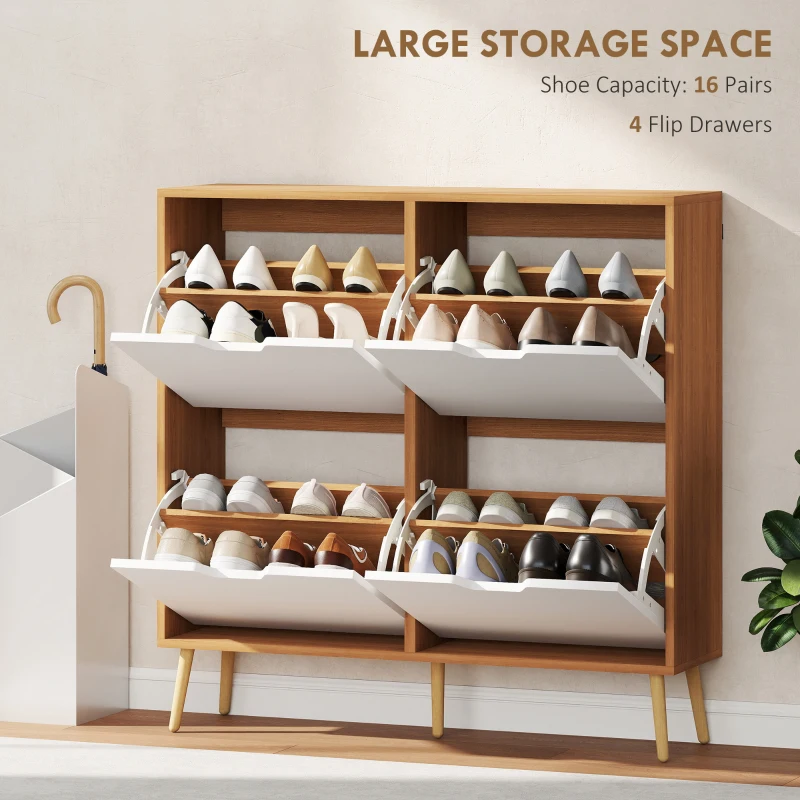 HOMCOM Shoe Storage Cabinet with 4 Flip Drawers and Adjustable Shelf, Shoe Cabinet for 8-16 Pairs of Shoes, Natural