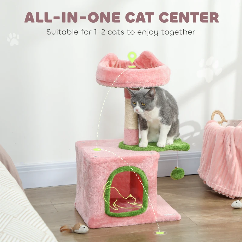 PawHut 28" Cat Tree Tower with Plush Top Bed, Cozy Condo, Sisal Scratching Post, Perch, Dangling Ball, Pink & Green