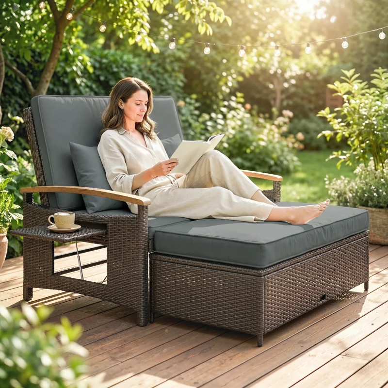 Outsunny Rattan Outdoor Daybed w/4-Level Adjustable Backrest, Patio Sofa Bed w/Storage Ottoman, Acacia Wood Armrest, Mixed Gray