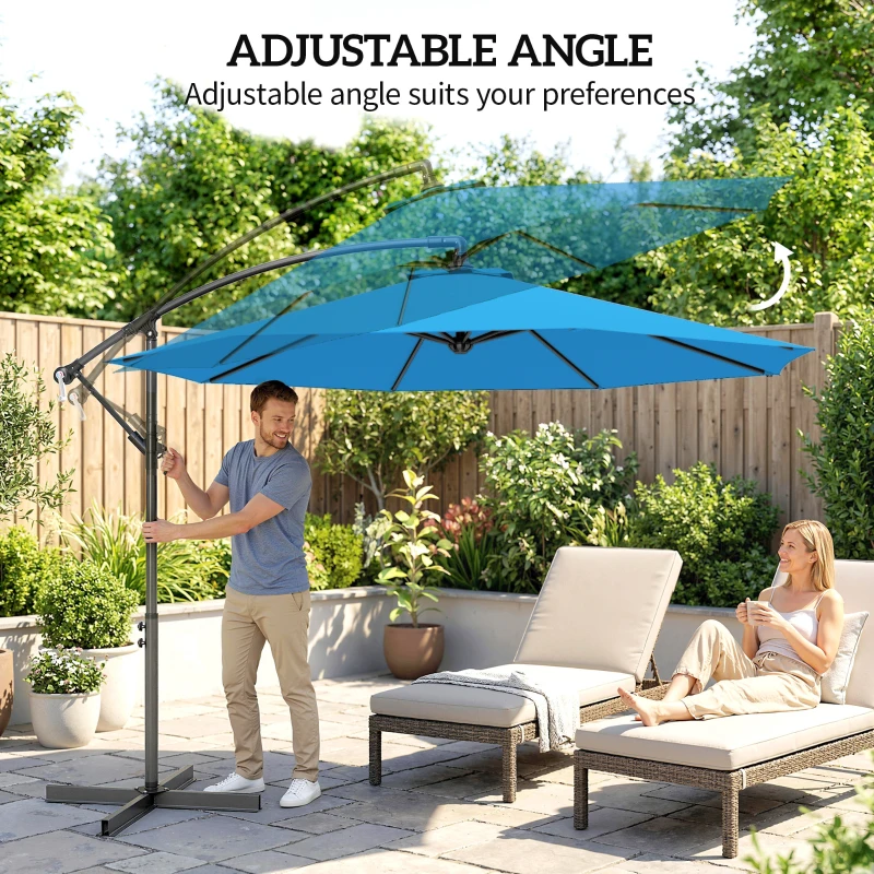 Outsunny 10ft Offset Patio Umbrella with Base, Garden Hanging Parasol with Crank, Banana Cantilever Umbrella Sun Shade, Blue