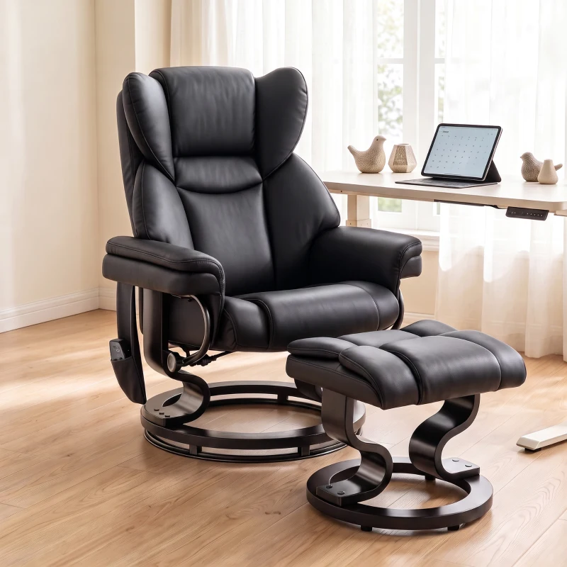HOMCOM Massage Recliner Chair with Footrest, Swivel Armchair, Wrapped Wood Base, 10 Massage Points, Faux Leather, Black