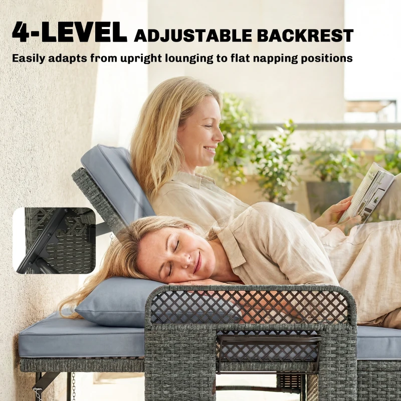 Outsunny 2 Pieces Patio Lounge Chair Set with Cushions, PE Wicker Outdoor Chaise Lounge with Adjustable Backrest, Side Trays