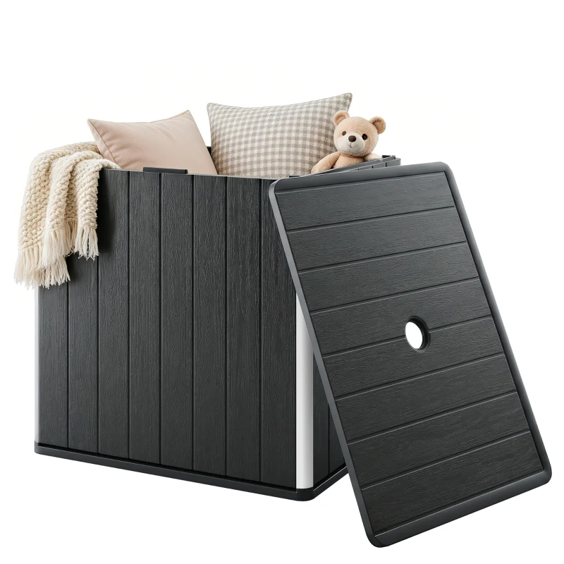 Outsunny 30 Gallon Storage Box, Outdoor Side Table with Umbrella Holder, Black