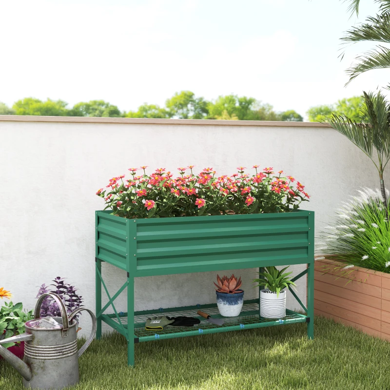 Outsunny Galvanized Raised Garden Bed, Metal Planter Box with Legs, Storage Shelf and Bed Liner, Green