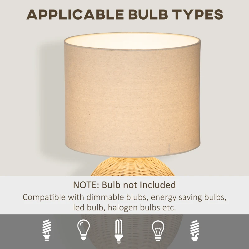 HOMCOM Nautical Style Table Lamp, Bedside Reading Light with White Fabric Lampshade and Rattan Base for E26 LED or Halogen Bulb for Living Room, Natural