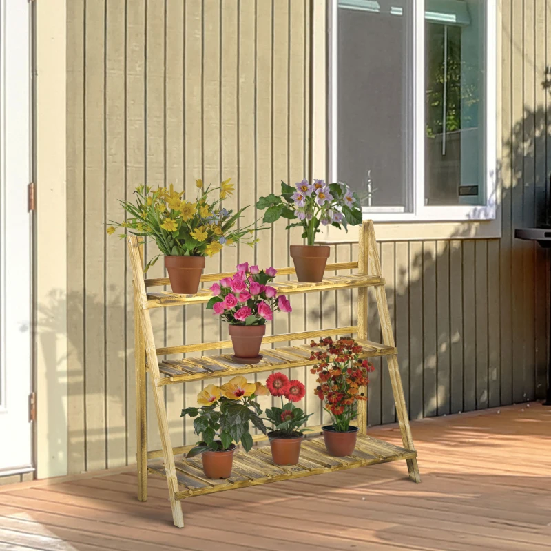 Outsunny 3-Tier Folding Plant Stand, 40'' x 15'' Wooden Indoor Plant Shelf Display Stand, for Corner Balcony Garden Patio