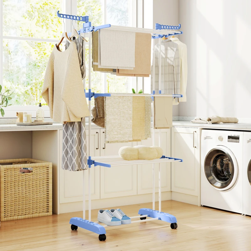 HOMCOM Foldable Clothes Drying Rack, 4-Tier Steel Laundry Rack for Drying Clothes with 2 Side Wings and 4 Castors, Indoor and Outdoor Use, Blue
