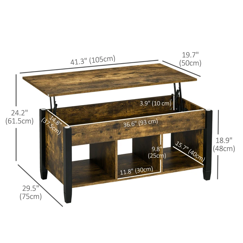 HOMCOM Lift Top Coffee Table, Modern Center Table with Storage Shelves and Hidden Compartment for Living Room, 41" L