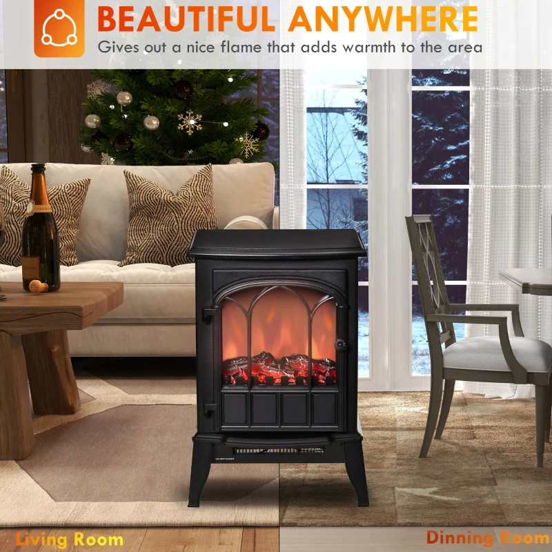 HOMCOM Electric Fireplace Stove, Freestanding Fireplace Heater, 750W/1500W, Black