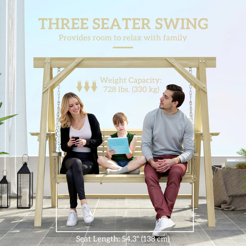 Outsunny 3 Seat Wooden Porch Swing with Stand, Patio Swing with Side Tables, for Garden, Poolside, Backyard, Natural Wood