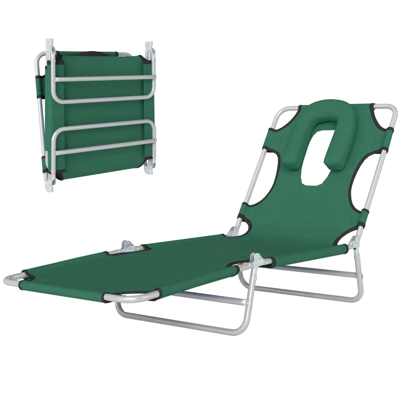 Outsunny Folding Lounge Chair Outdoor, Tanning Chair with Face Hole Arm Slots, Beach Chaise Lounger with Pillow, 5-Position Adjustable Portable Sun Lounger Bed for Pool, Green