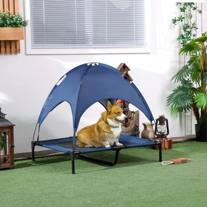 PawHut Elevated Portable Dog Cot Pet Bed with UV Protection Canopy Shade, 36 inch, Dark Blue