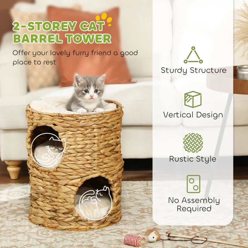 PawHut 2-Storey Cat Condo Barrel, Small Cat Tree Tower with Top Perch and 2 Hideaways, 2 Entrances, 3 Cushions, Light Brown