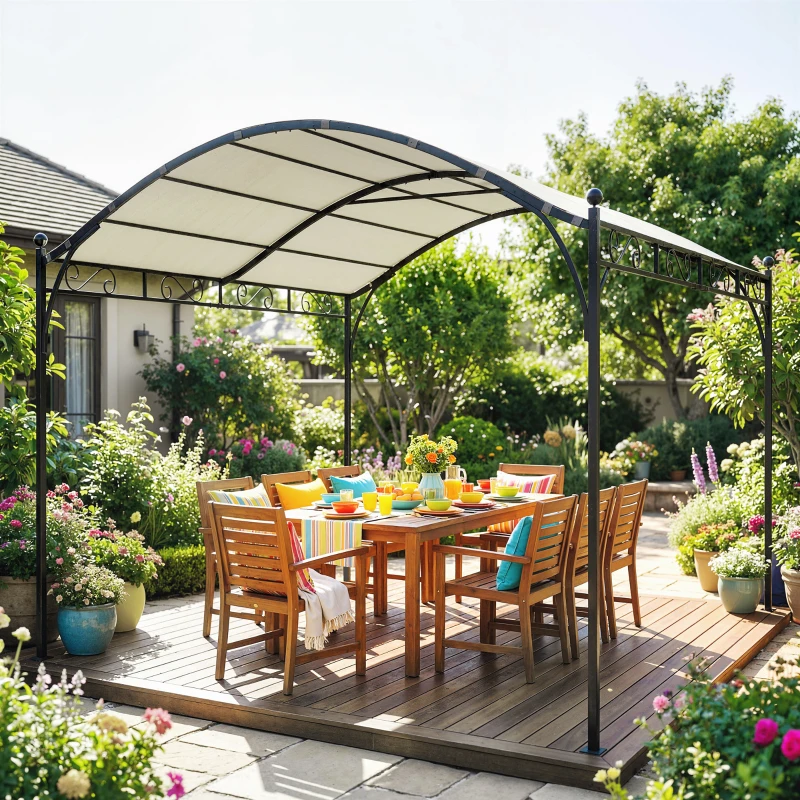 Outsunny 10' x 10' Outdoor Pergola with UV30+ Canopy Galvanized Steel Frame Sun Shade with Arched Top, Cream White