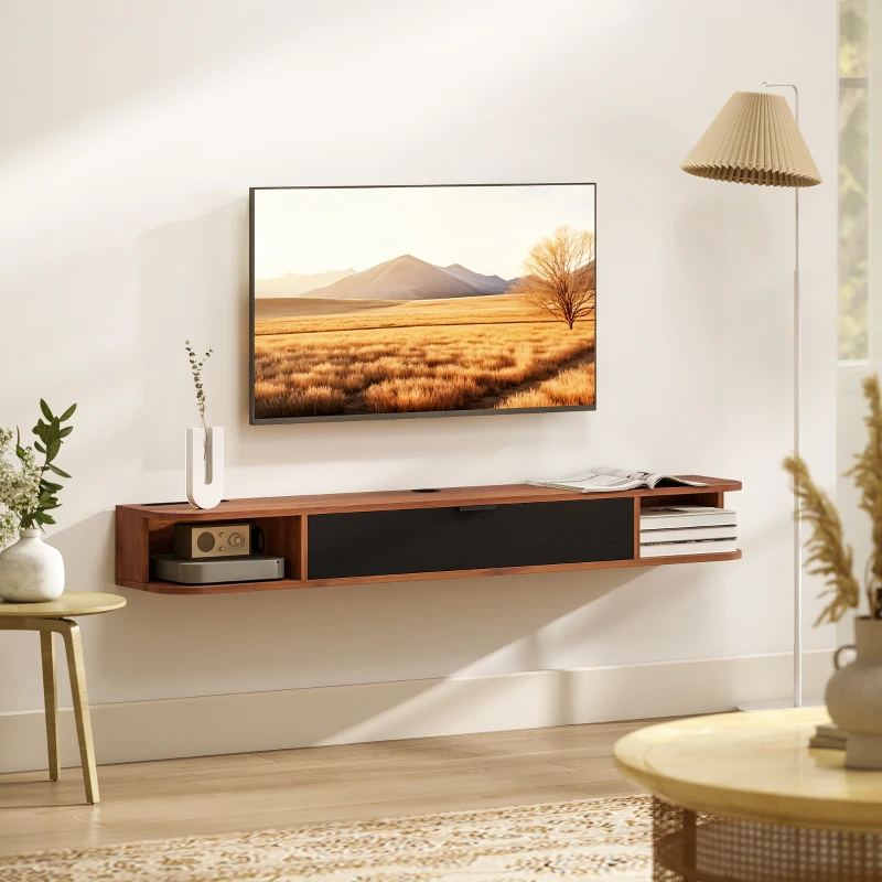 HOMCOM 55" Floating TV Stand for TVs up to 60 Inch, Wall Mounted Media Console with Flip Drawer and 2 Open Shelves, Walnut(m-7)