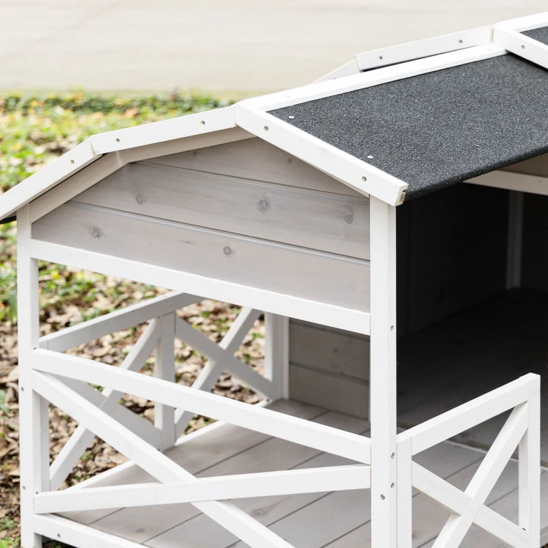 PawHut Outdoor Dog House Cabin Style, Wooden Raised Dog Shelter with Asphalt Roof, Front Door, Side Window, Porch for Medium to Large Dogs, Gray