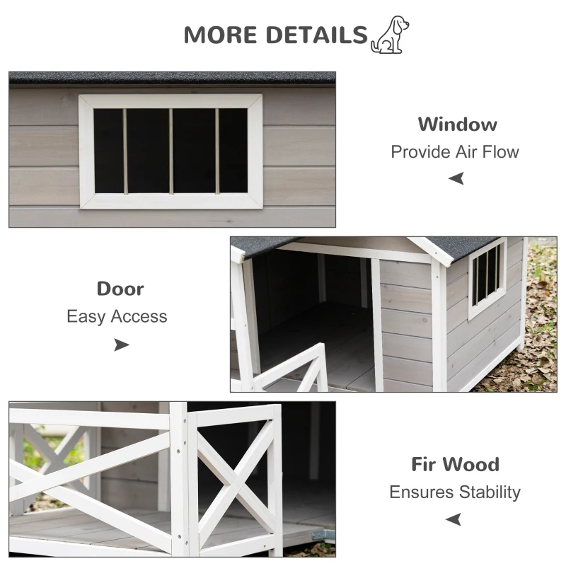 PawHut Outdoor Dog House Cabin Style, Wooden Raised Dog Shelter with Asphalt Roof, Front Door, Side Window, Porch for Medium to Large Dogs, Gray