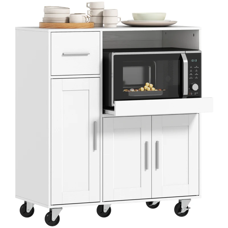 HOMCOM Microwave Cabinet Kitchen Cart Sliding Tray Adjustable Shelf Cable Hole 31.5" x 15.7" x 34.9" in White