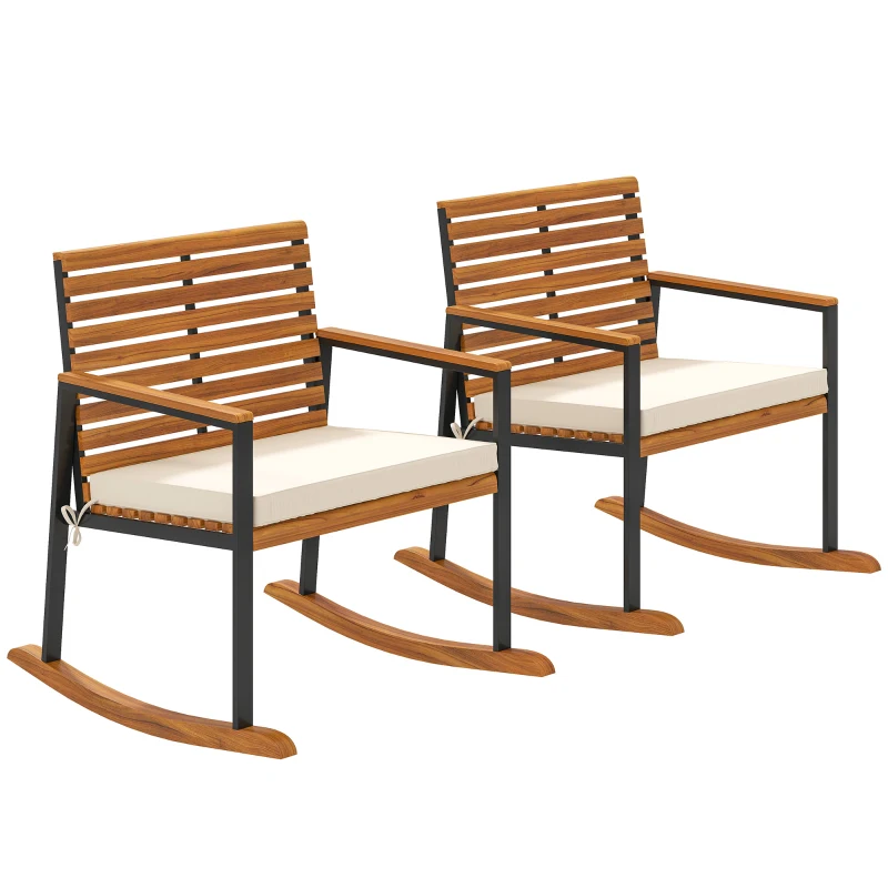 Outsunny Acacia Wood Outdoor Lawn Rocking Chair Set of 2, Outdoor Patio Rocking Chairs with Armrests, Cushion, Cream White