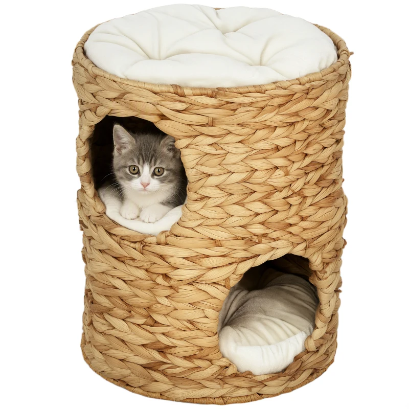 PawHut 2-Storey Cat Condo Barrel, Small Cat Tree Tower with Top Perch and 2 Hideaways, 2 Entrances, 3 Cushions, Light Brown