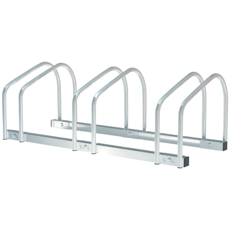 HOMCOM 3-Bike Bicycle Floor Parking Rack Cycling Storage Stand Ground Mount Garage Organizer for Indoor and Outdoor Use Silver
