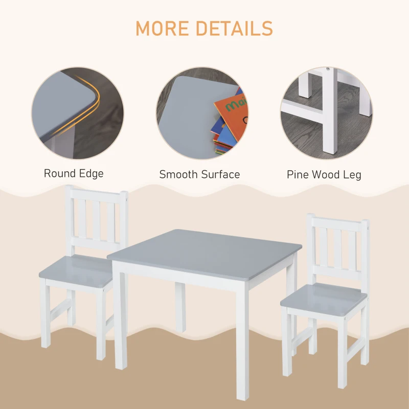 Qaba Kids 3 Piece Table and Chair Set Ideal for Arts, Meals, Lightweight Wooden Homework Activity Center, Toddlers Age 3+, Grey