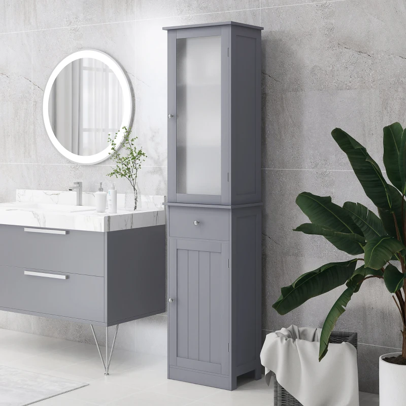 kleankin Tall Bathroom Cabinet, Bathroom Storage Cabinet with Drawers, 2 Doors and Adjustable Shelves, Grey