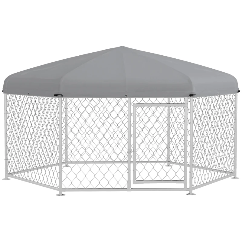 PawHut 6.9' x 6.1' x 4.9' Dog Kennel Outdoor for Medium and Large-Sized Dogs with Waterproof UV Resistant Roof, Silver