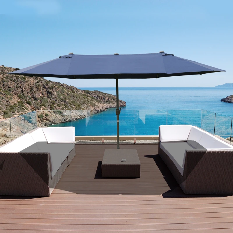 Outsunny 15' Outdoor Patio Umbrella with Twin Canopy Sunshade Steel Table Umbrella w/ Lift Crank, Cross base, Sandbag, Dark Blue
