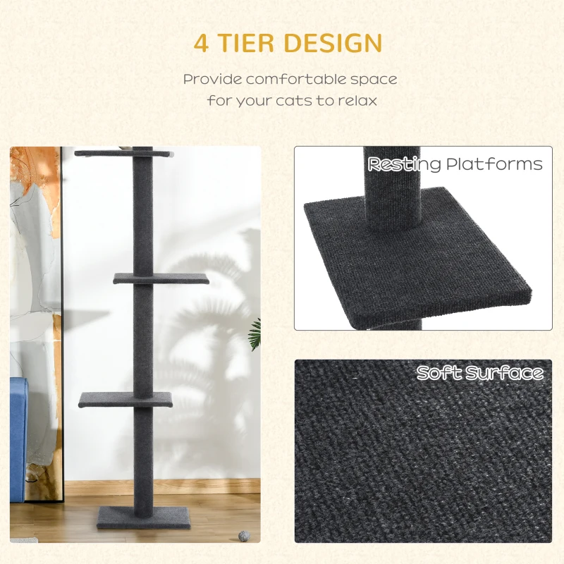 PawHut Floor-to-Ceiling Cat Tree Climbing Tower with Sisal-Covered Scratching Posts Natural Cat Tree Activity Center for Kittens Tower Furniture, Gray
