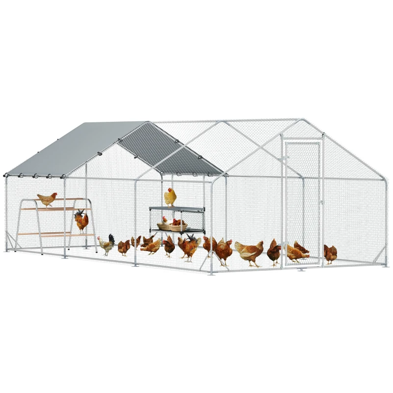 PawHut Large Metal Chicken Coop with Waterproof Cover, Roosting Bar, Nesting Box, 9.8' x 19.7' x 6.4'