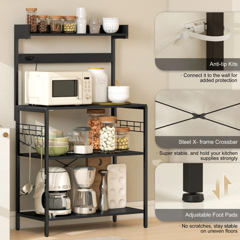 HOMCOM Kitchen Baker's Rack with Power Outlet, Coffee Bar Station with Adjustable Shelves and Hooks, Rustic Brown