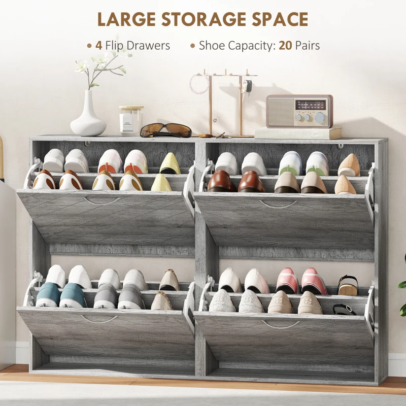 HOMCOM Shoe Storage Cabinet with 4 Flip Drawers, Narrow and Slim, 12-20 Pair of Shoes Organizer for Hallway, Entryway, Grey