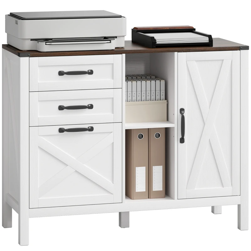 HOMCOM Lateral Filing Cabinet with Drawers, Shelves, Adjustable Hanging Bar for Home Office, Fit A4/Letter Files, White
