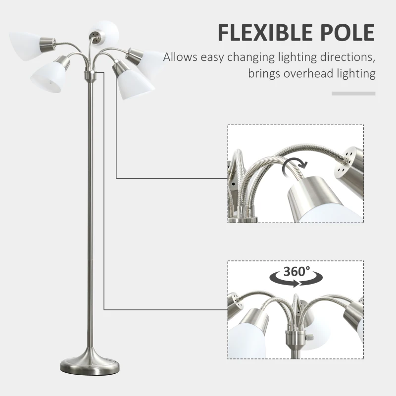 HOMCOM Arc Tree Floor Lamp with 5 Adjustable Rotating Lights, Modern Standing Gooseneck Reading Light for Living Room Bedroom Office, Satin Nickel