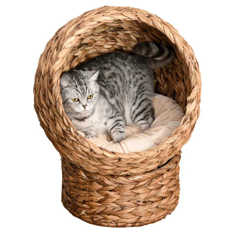 PawHut Handwoven Elevated Cat Bed with Soft Cushion & Egg Chair Shape, Basket Bed Kitty House with Stand, Raised Wicker House for Indoor Cats, 23.5" H, Light Brown